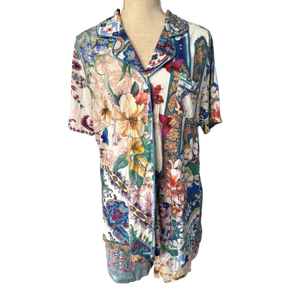 JOHNNY WAS Vibrant Style Boho Floral Patchwork Button Down Shirt Dress M